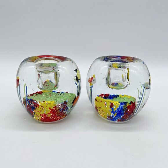 Set of 2 Vintage Murano Style Paperweights 3.5” Aquarium Candle Holders - Picture 4 of 10
